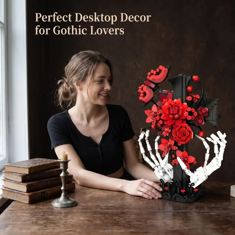 

Gothic Skeleton Hands Rose Building Blocks, Red Flower Cross Base Bricks Model, Dark Aesthetic Home Decor, Perfect Gift for Goth
