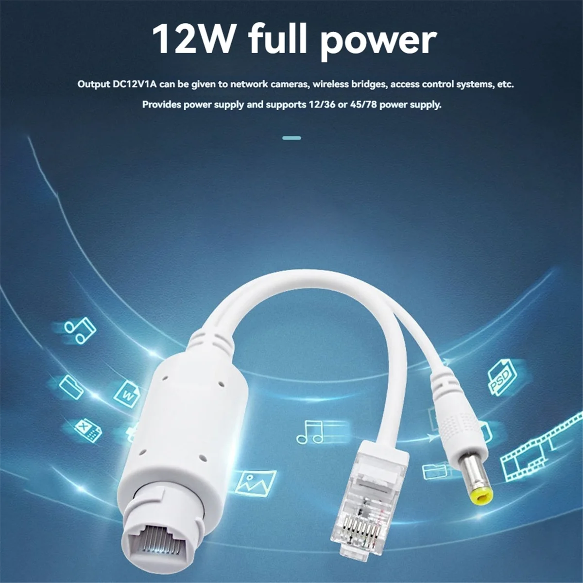 A64K 48V to 12V POE Splitter Waterproof with Video and Power Adapter Cable Supply Module for IP Camera Extender