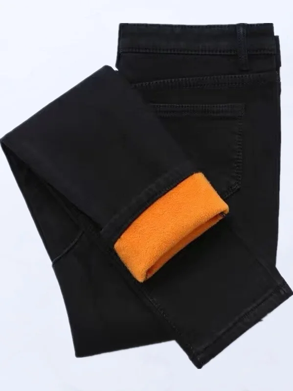 Women's Fleece Lined High Waist Thickened Denim Pants Winter Warm Elastic Slim Fit Korean Style Outerwear Long Trousers