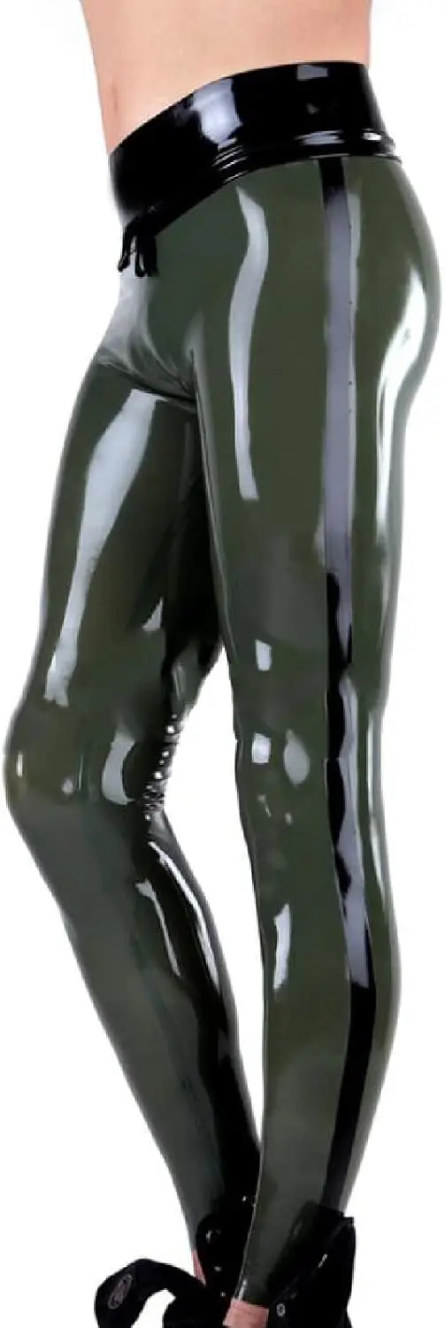

Army Green Men's Sexy Latex Legging Rubber Pants No Zipper Decoratived with Black Stripes