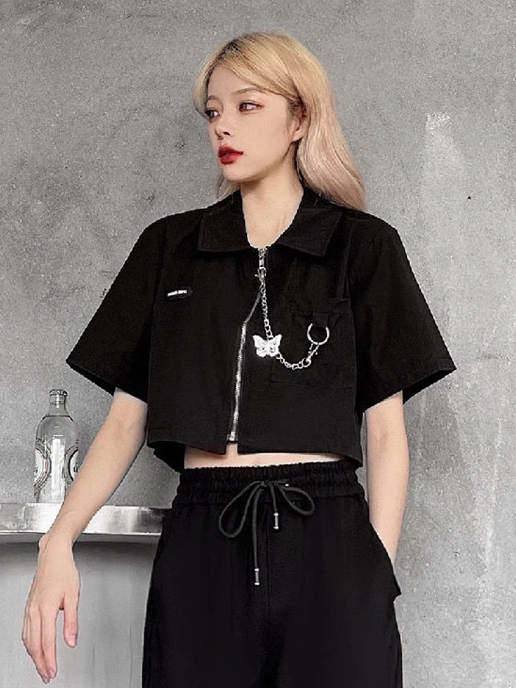 Jmprs Gothic Chain Y2K Cargo Shirt Women Harajuku Streetwear Cropped Blouse Vintage Design Korean Short Sleeve Bf Pocket Tops