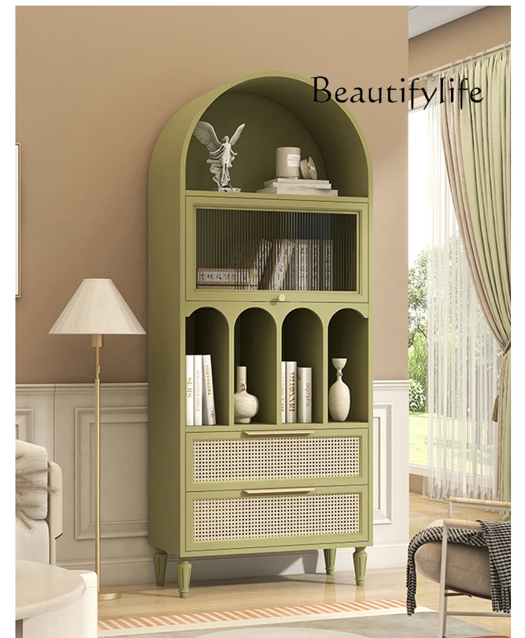 

American solid wood bookcase Nordic side cabinet light luxury floor bookshelf French retro arched decorative wine cabinet