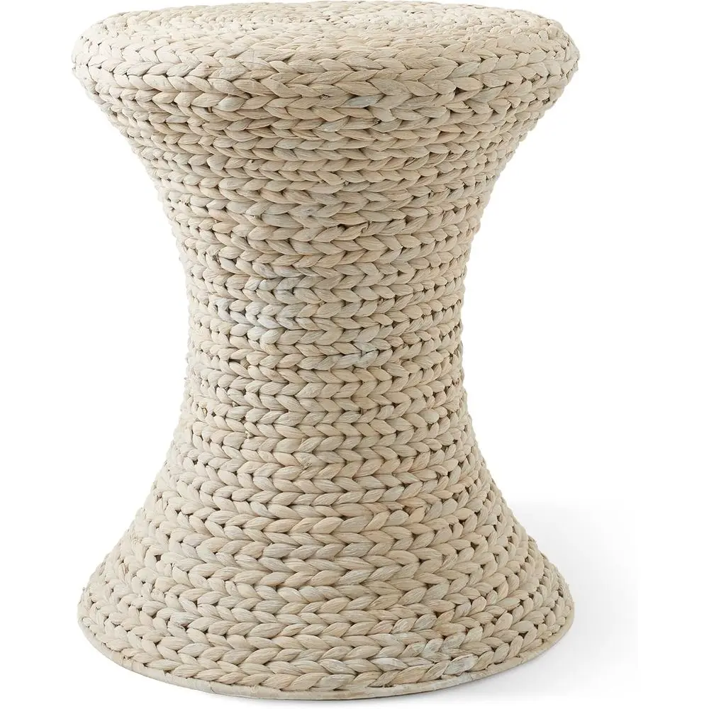 Whitewash Water Hyacinth Round Side Table, Boho Woven Wicker Accent for Bedroom, Living Room, Office, Entryway