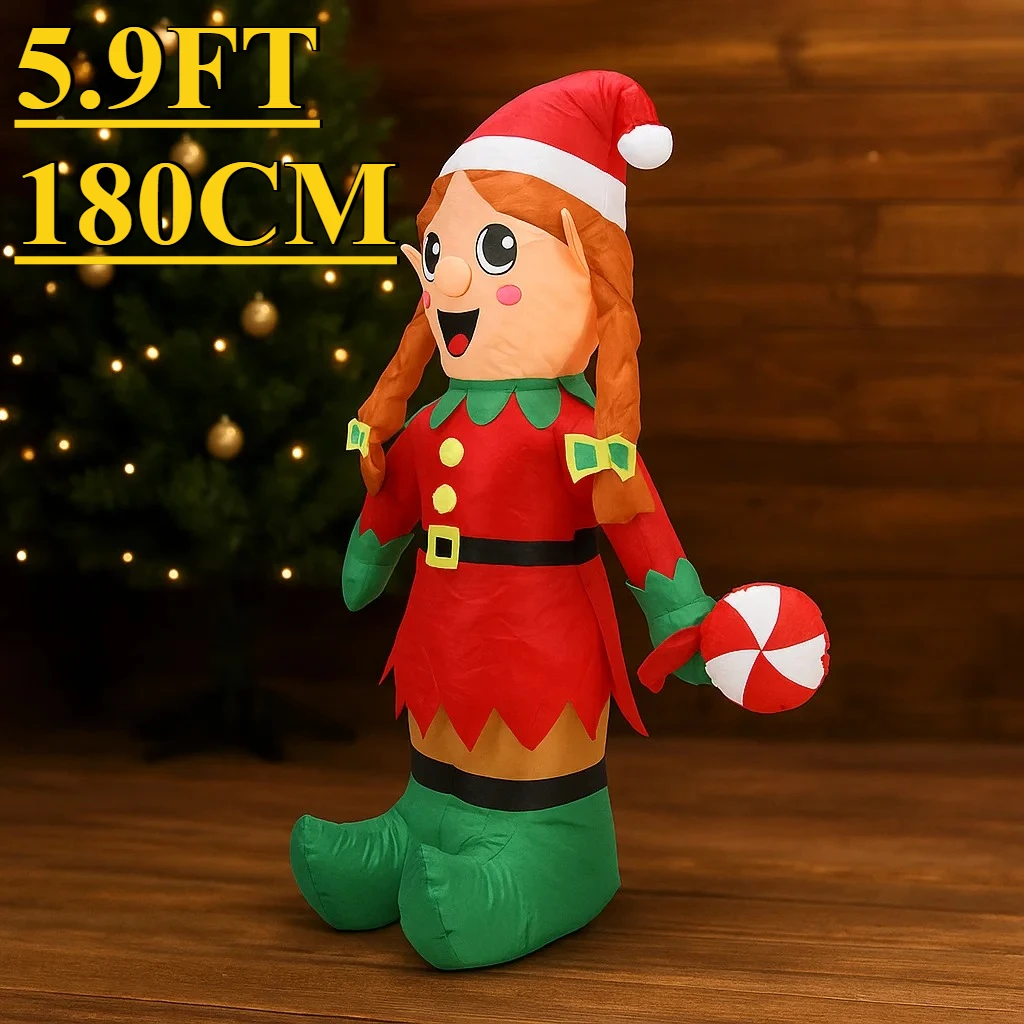 5.9FT نفخ لطيف قزم فتاة مع مصاصة LED مضاءة للمنزل وساحة عيد الميلاد زخرفة ، زينة عيد الميلاد وديكور الهدايا الاحتفالية