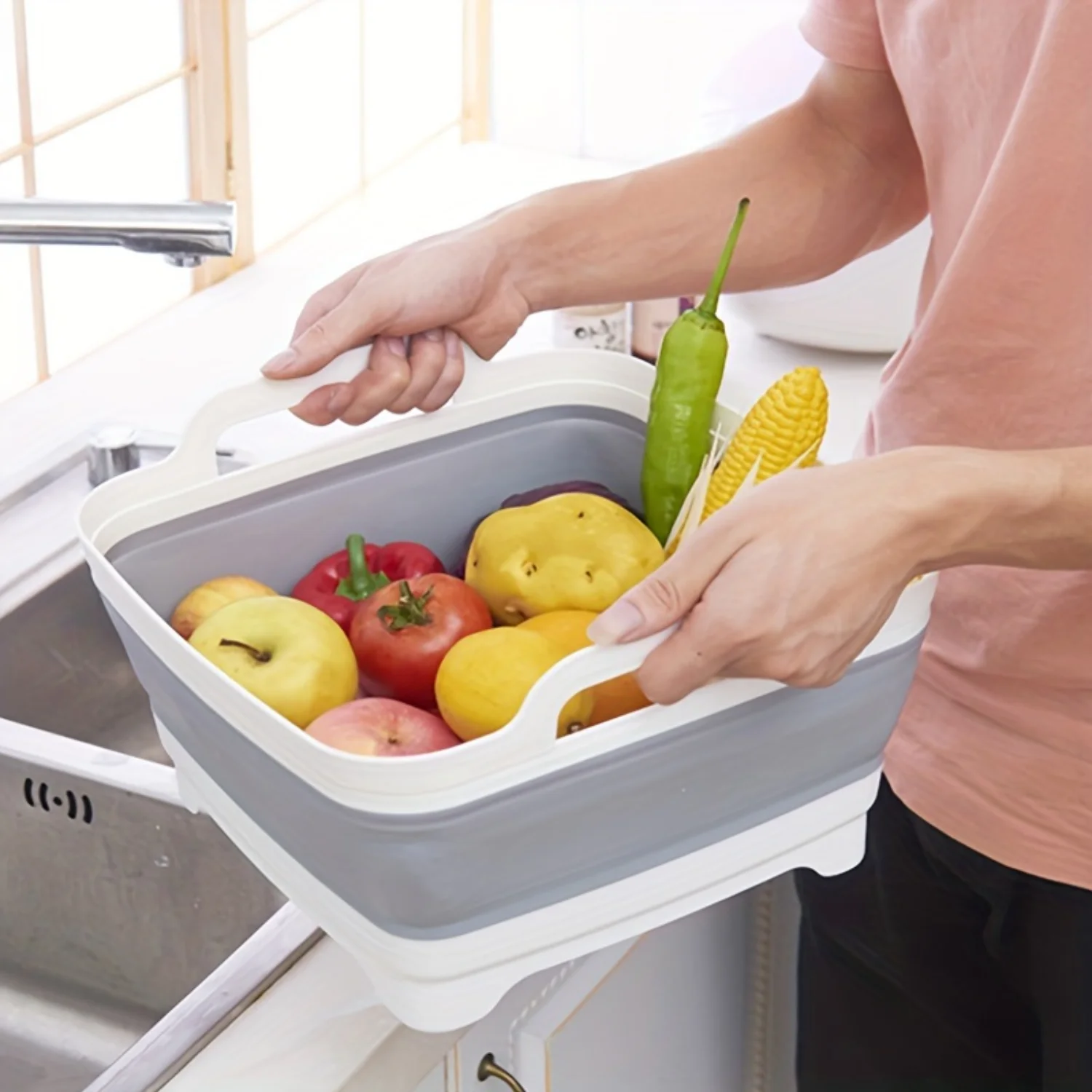 1pc Folding Basket, Sink, Folding Square Vegetable Washing Basin, Telescopic Drainage Basket, Portable Fruit And Vegetable Wash