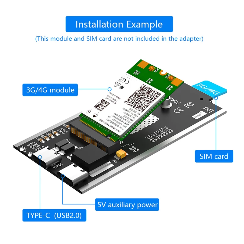 Adaptador WiFi com Tipo C para Cabo USB, NGFF M.2, 3G, Módulo 4G, USB 2.0, Slot para Cartão Sim, 5V Suporte de Energia Auxiliar, 30*42, M2 B Cartão Chave