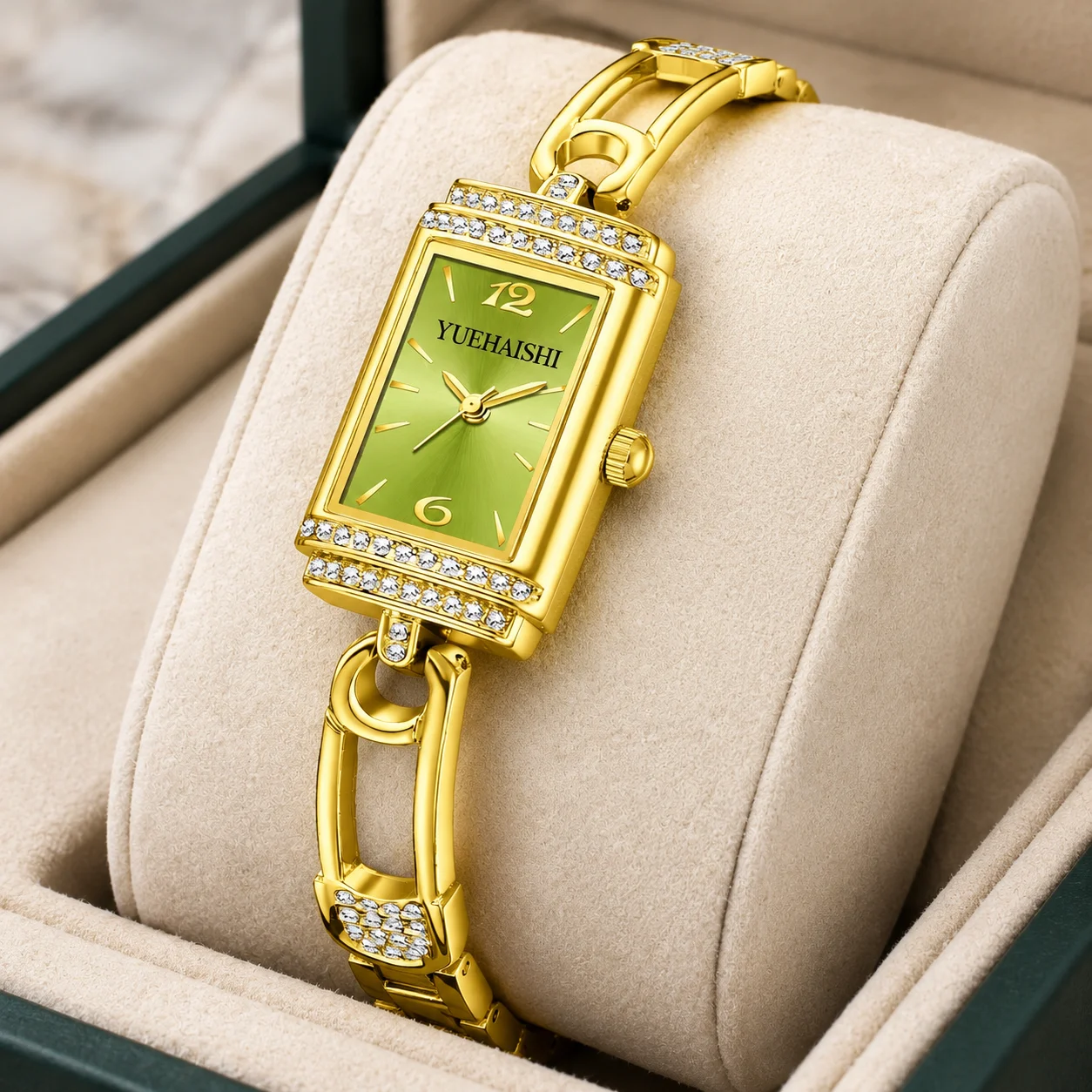 Elegant ladies' watches with vintage square dial design and geometric skeletonized straps,