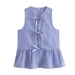 Taop&Za 2024 Summer New Product Women's Fashion and Casual Versatile Round Neck Sleeveless Striped Lace up Tank Top