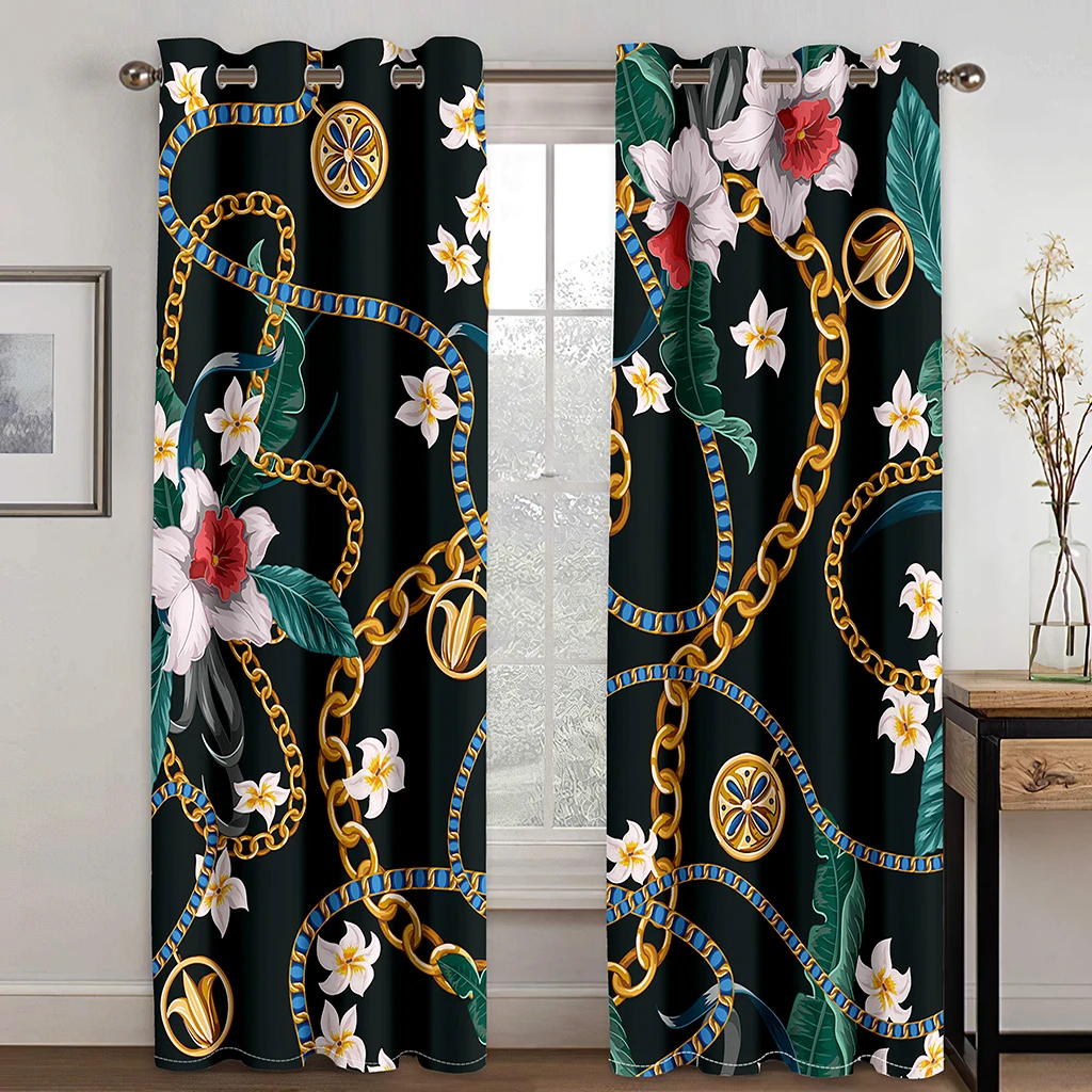 

Floral Gold Chain Lines 3D Green Creative Curtains 2 Panels Fit Living Room Kitchen Bedroom Balcony Decor