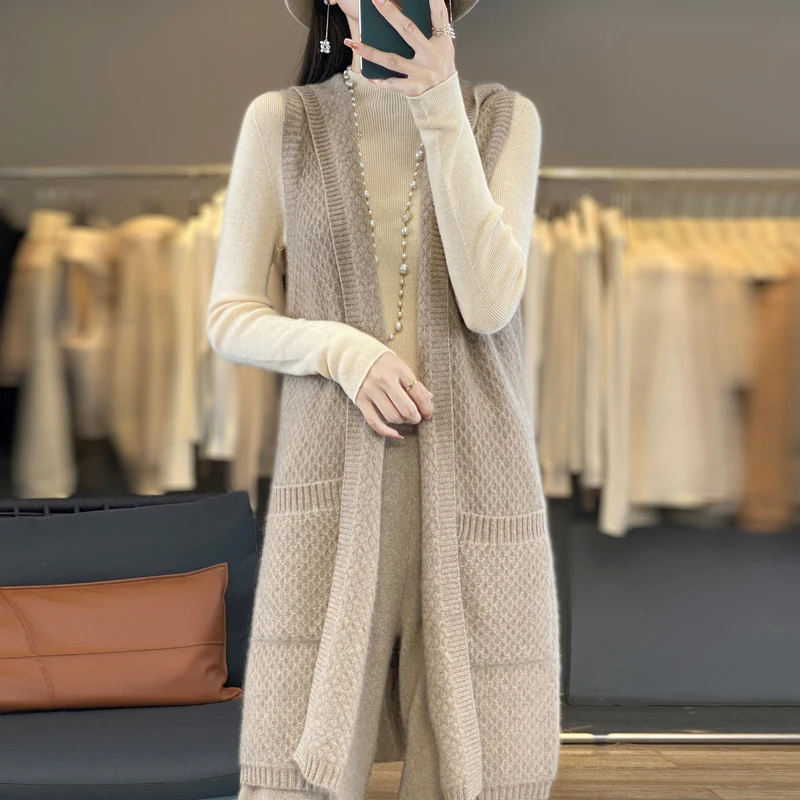 Autumn Winter Women's 100% Merino Wool Hooded Cardigan Long Sleeveless Vest Open Front Diamond Cable Knit Cozy Warm Outerwear