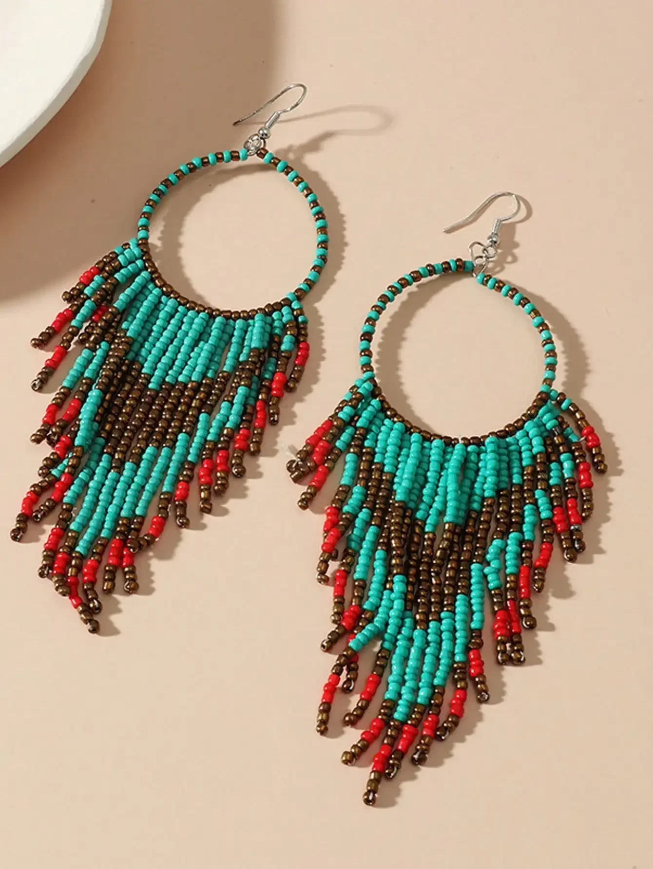 1pc Bohemian Color Block Beaded Fringe Drop Earrings For Women  For Vacation