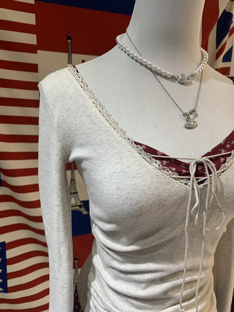 Camiseta de manga larga con ribete de encaje para mujer, camiseta ajustada de algodón con cuello en V Sexy, camisetas informales simples y elegantes para mujer