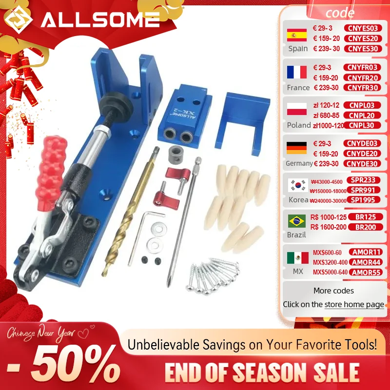 ALLSOME Wood Working Tool Pocket Hole Jig with Toggle Clamp and 9.5mm Drill Bit PH1 Screwdriver For Carpenter Hardware