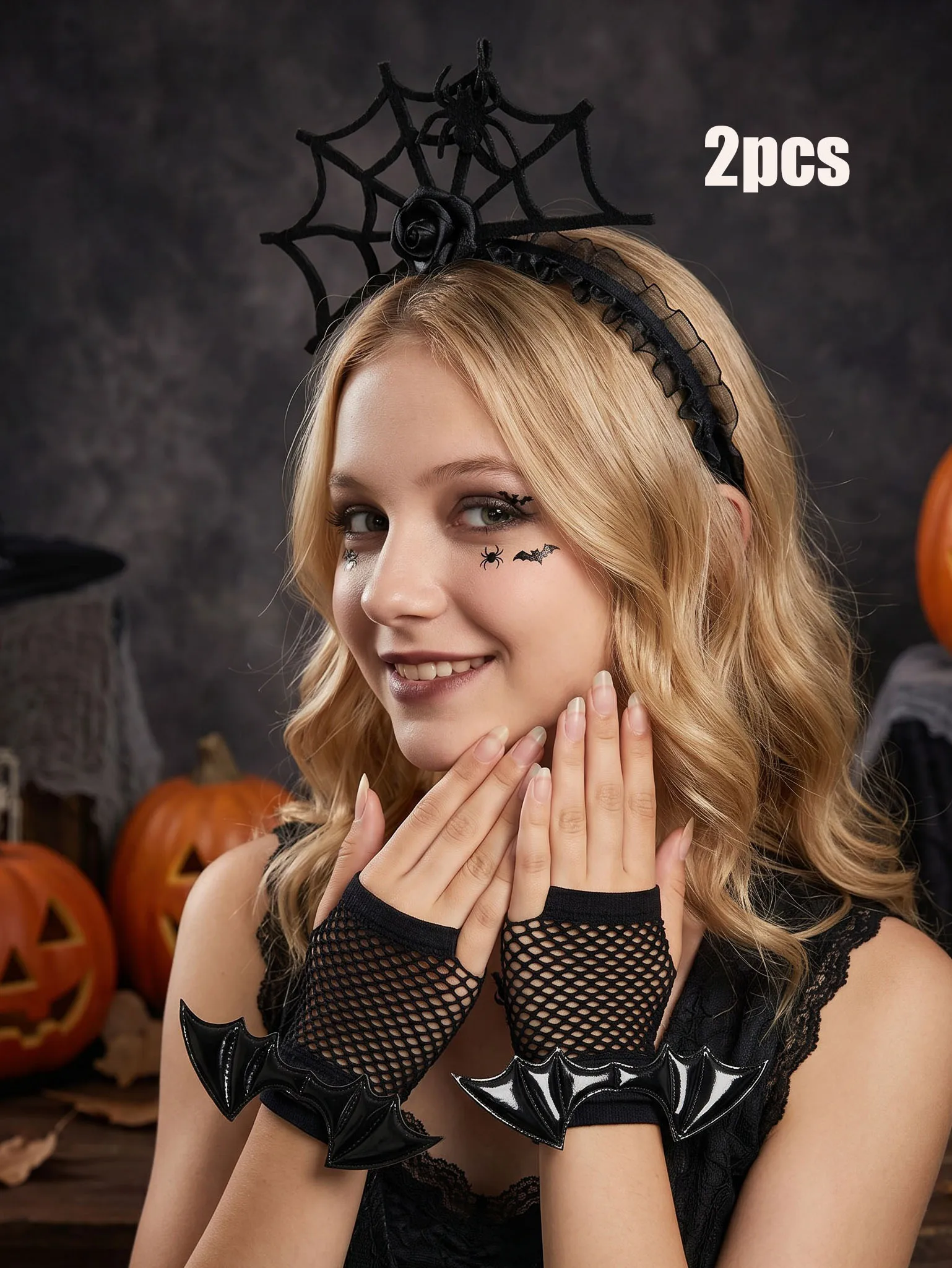 2Pcs Teen Girls Halloween Accessory Set 5-16Y Lace Trim Cat Ear Headband & Bat Decor Mesh Fingerless Gloves