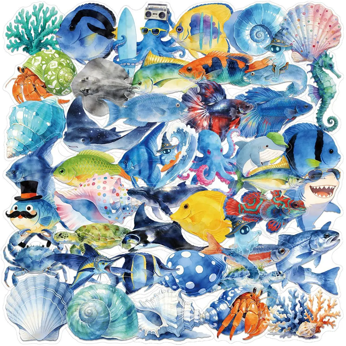 50PCS Cute Blue Ocean Animal Stickers Transparent PET Graffiti Phone Case Notebook Guitar Skateboard Waterproof Toy Gift Sticker