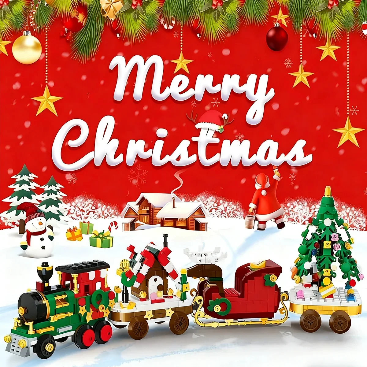 Christmas Train Building Block Santa Claus Sleigh Tree House Assembly Puzzle Brick Model Home Decoration Kid Xmas Party Gifts