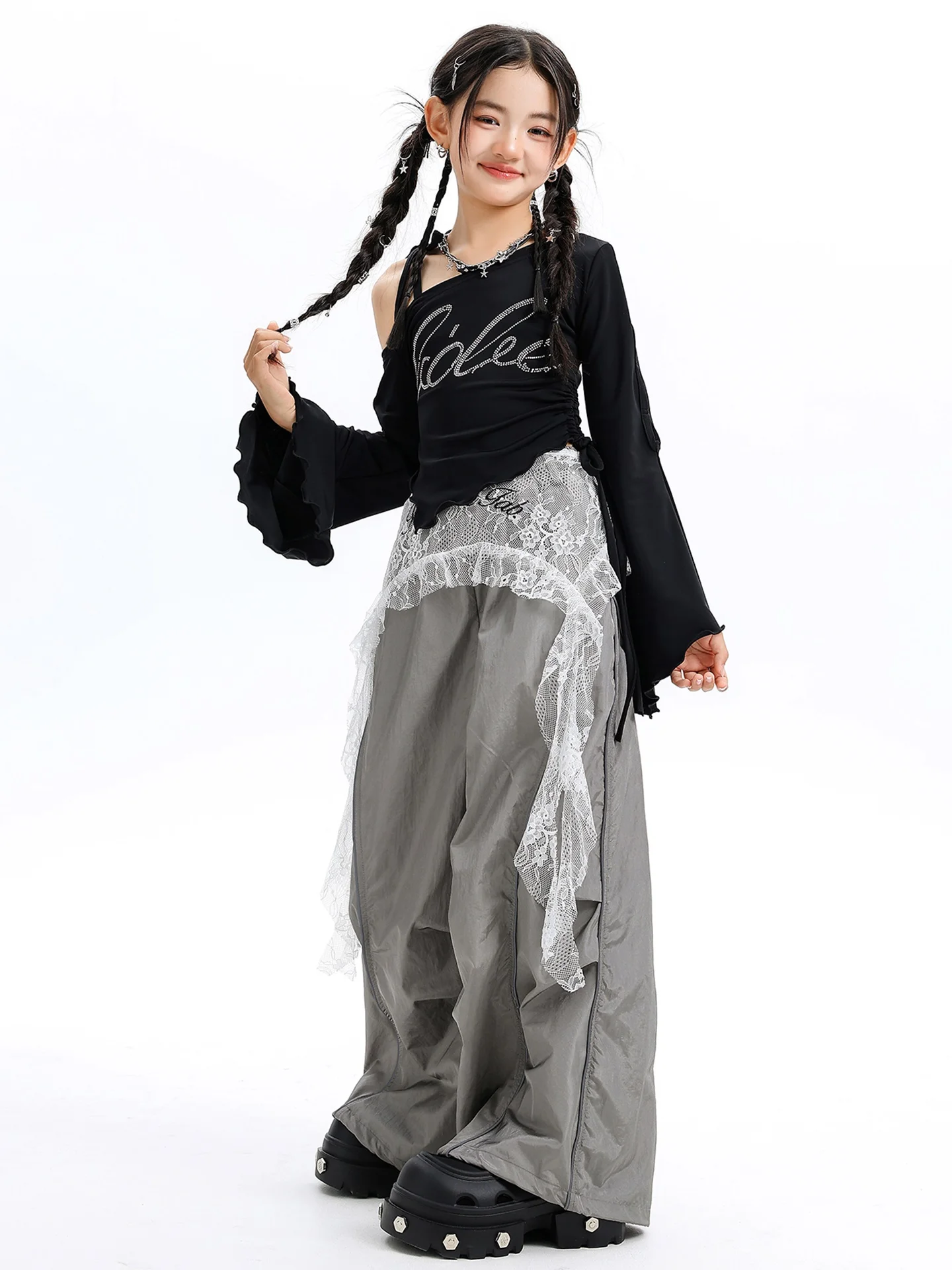 2025 Kinderen Jazz Moderne Dansvoorstelling Kostuums Voor Meisjes Crop Top Cargo Broek Streetwear Hip Hop Dans Kleding DQS 20727