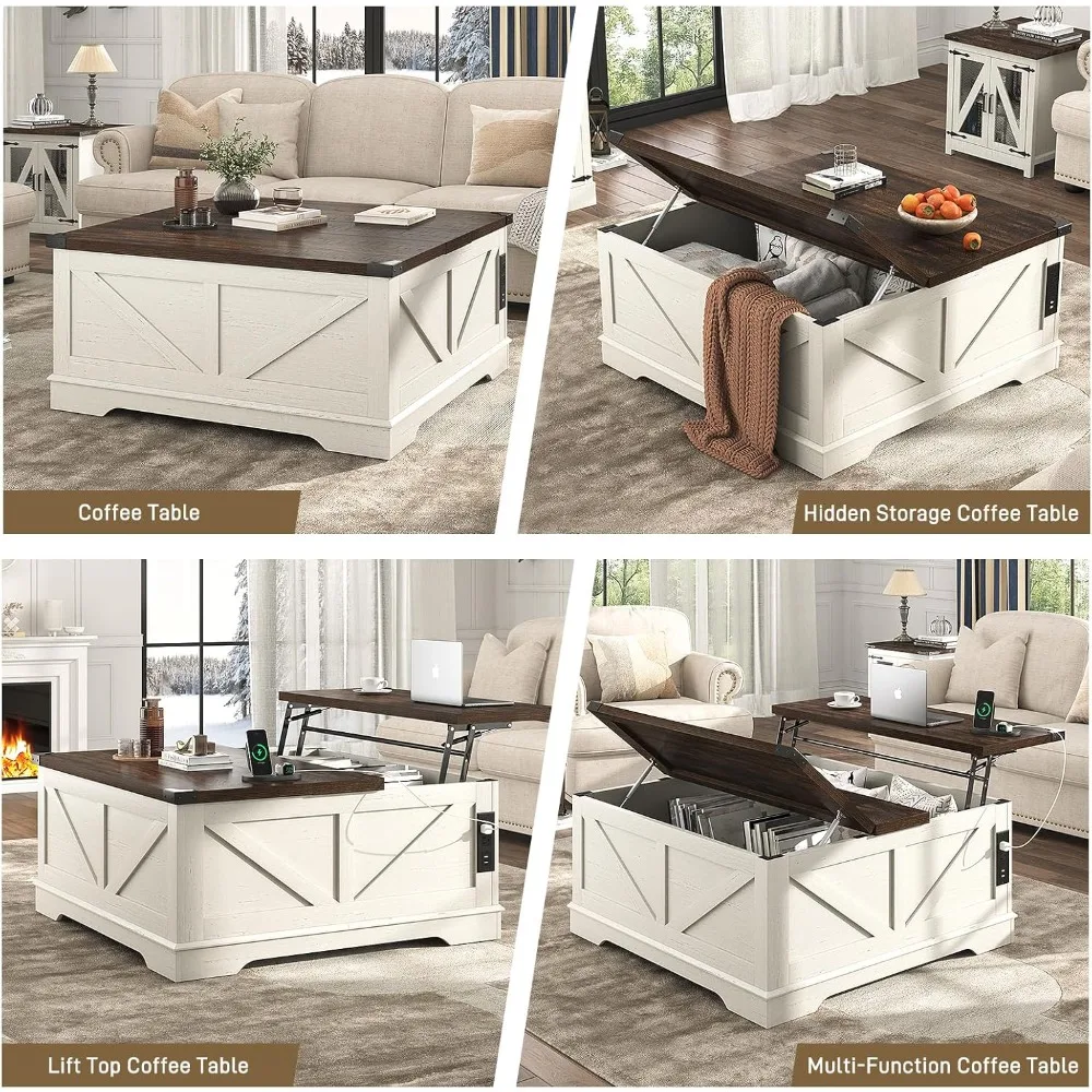 طاولة قهوة كبيرة مقاس 40 بوصة مع مخرج طاقة ومساحة تخزين مخفية كبيرة، وطاولة غرفة معيشة خشبية مربعة #6