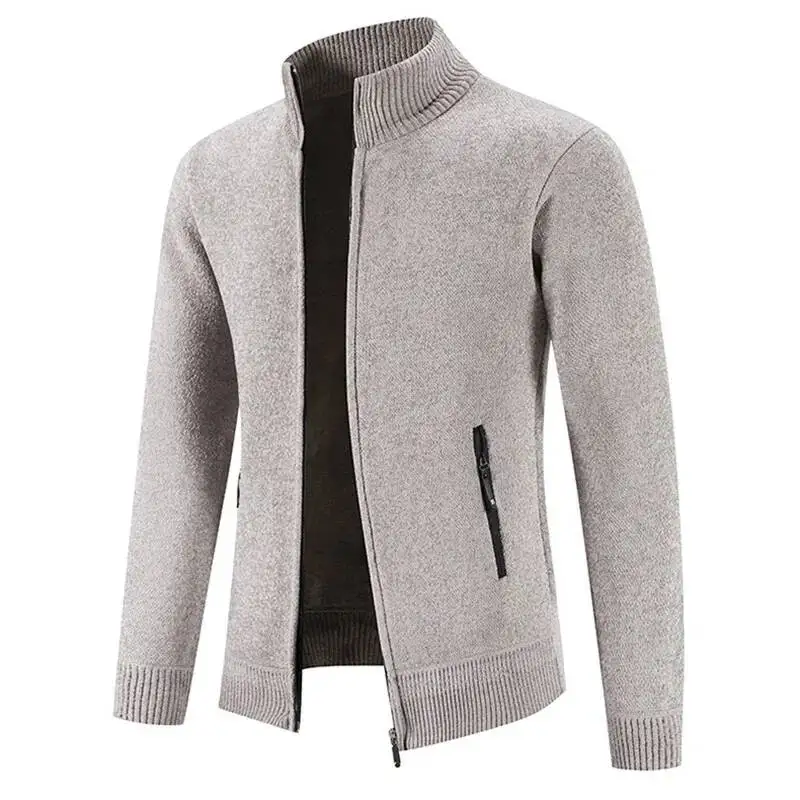 

New Velvet Men Stand Collar Mens Sweaters Fleece Thick Warm Knitted Sweater Coat Solid Zipper Pocket Cardigan