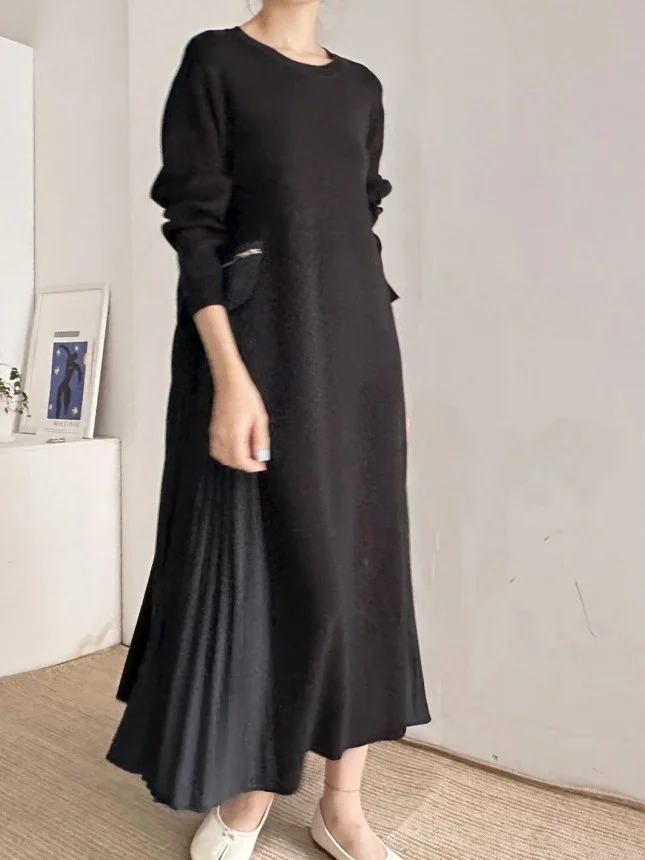 

Ele Knitted Dr Women's Autumn Simple Design Sense Fake Two-Piece Pleated Midi Skirt Long Sve round Ne Color