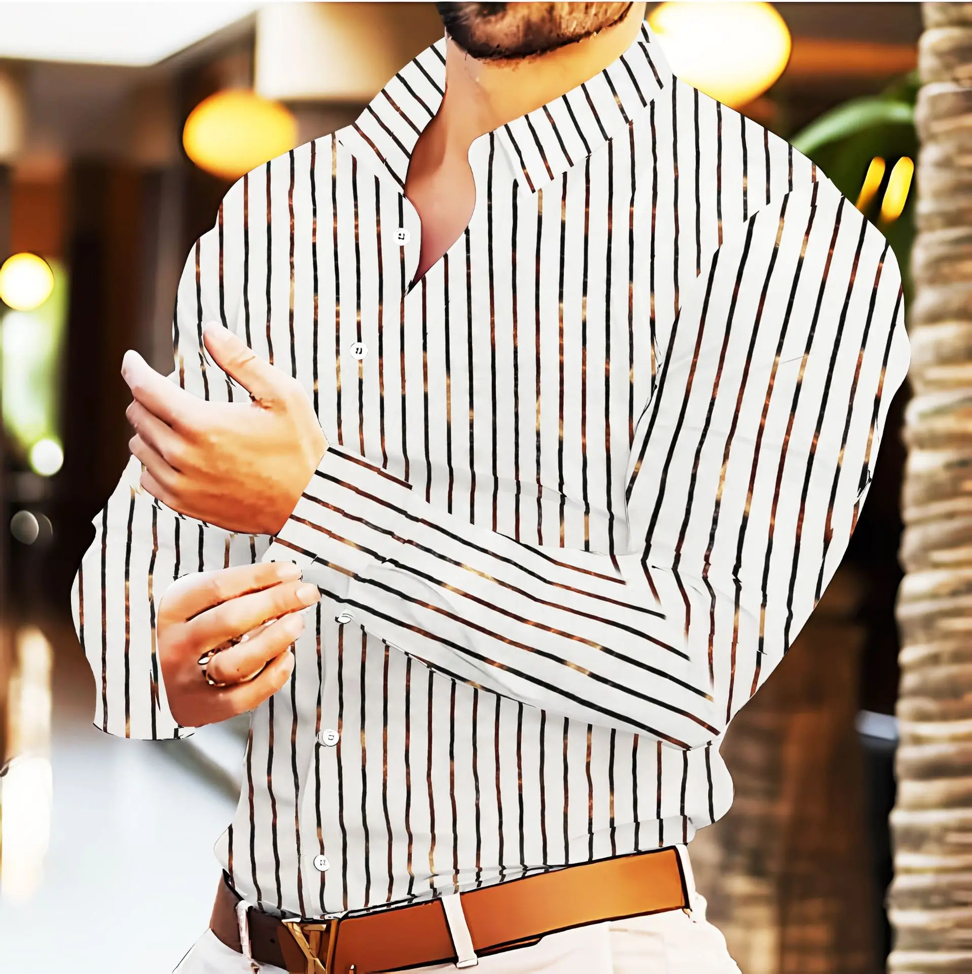 

2025 new men's fashion casual autumn long-sleeved shirt lapel stripes solid color top clothing