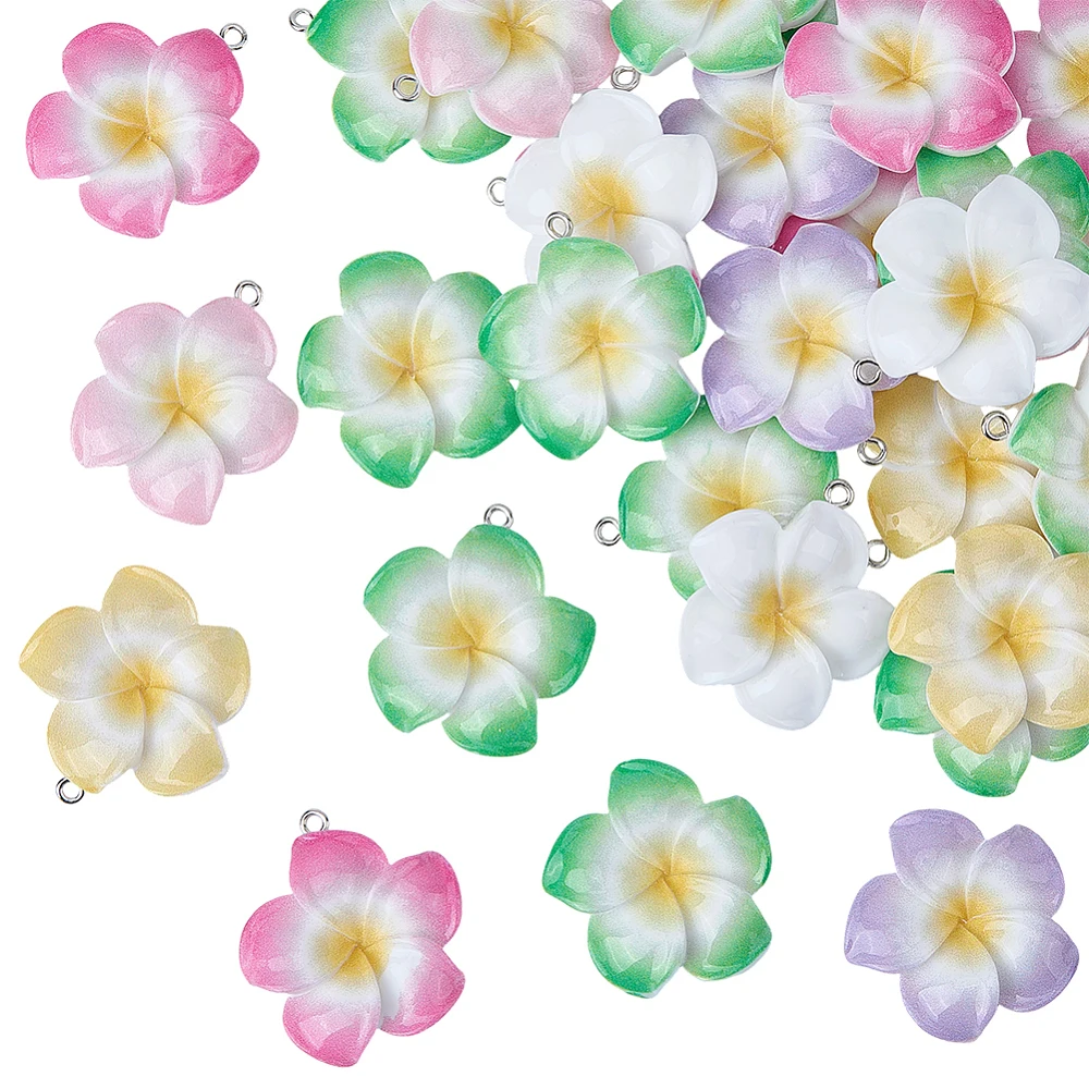

30Pcs Opaque Resin Pendants Flower with Platinum Iron Loop Mixed Color 34~35x30~31.5x7.5~8mm Hole: 2mm