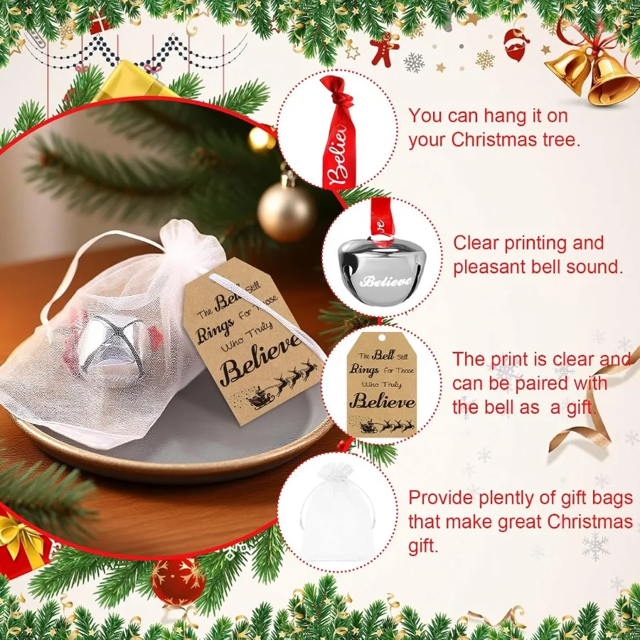 24 قطعة أجراس مزلقة فضية مجموعة زينة عيد الميلاد مع بطاقة صدق وشريط لصالح حفلات شجرة العطلات والمنزل D #3
