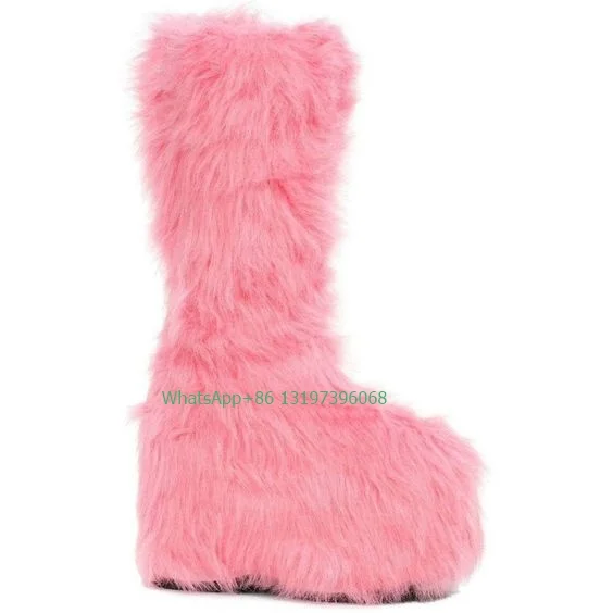 Lady blue fur punk high top knee boots platform design feather warm boots punk y2k style Mary Jane shoes boots footwear size 46