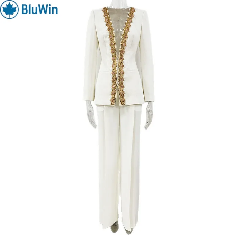

BluWin Elegant White Two-Piece Set – Gold Trim Detail Blazer and Wide-Leg Pants for a Glamorous, Chic Look