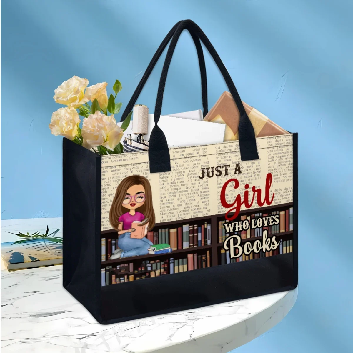 Just A Girl Who Loves Books Design Tote Bags, Luxury Portable Street Popular Shoulder Bag, Fashion Handle Handbags, Teacher's Gift