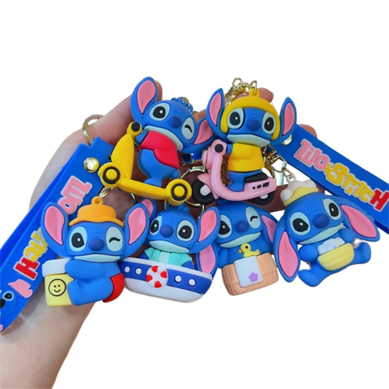 Anime Cartoon Disney Stitch Riding Scooter Taking a Bathe Car Keychain Boys Girls Lovely Action Figure Model Keyring Pendant