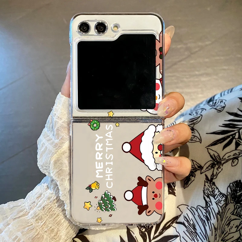 Weihnachten Cartoon Print Klar Telefon Fall Für Samsung Galaxy Z Flip 7 6 5 4 3 5G falten Harte PC Abdeckung Für Samsung Z Flip6 Flip5