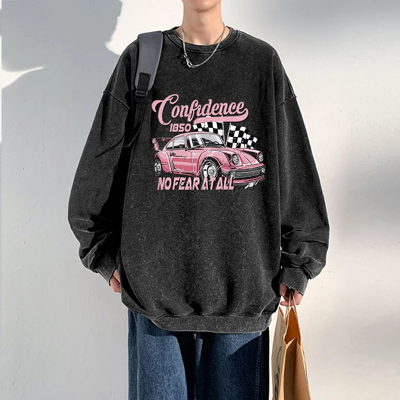 Fashion Men Washed Sweatshirt Confidence Cars No Fear At All Prints Pullover Warm Cotton Oversized Hoodie Street Couple Clothes