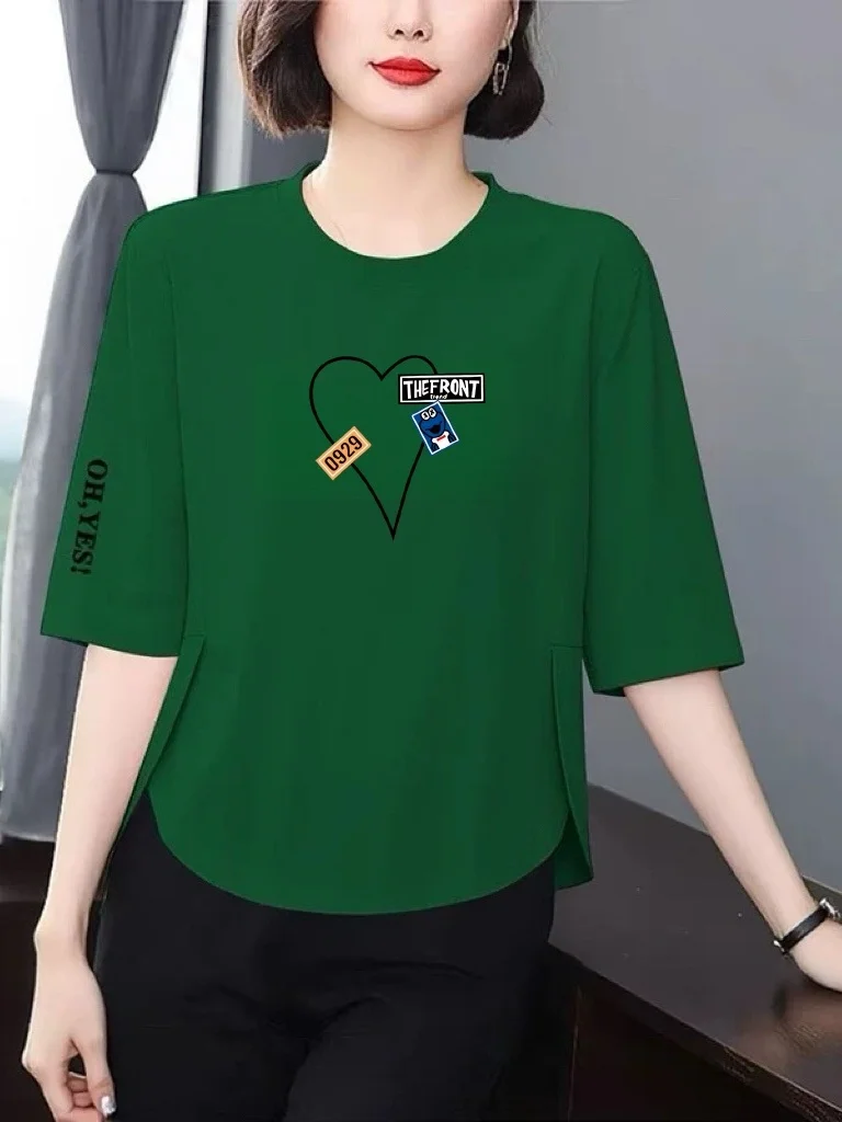 

New Casual Loose Seven-Quarter Sleeve Printed T-Shirt Women Summer Slimming Concealing Fashionable Youthful Versatile Mid-Age...