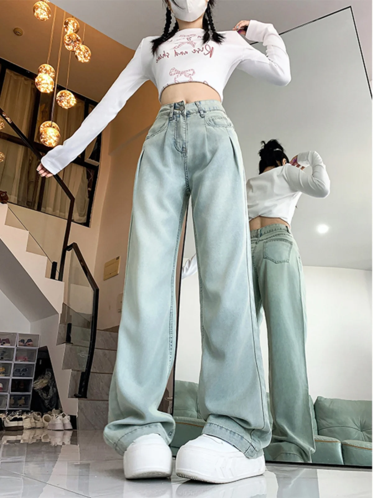 plus Size High Waist Loose Fit Denim Jeans Women's Autumn New Sle Pear ape Body Slimming Wide Leg Floor-Length Pants