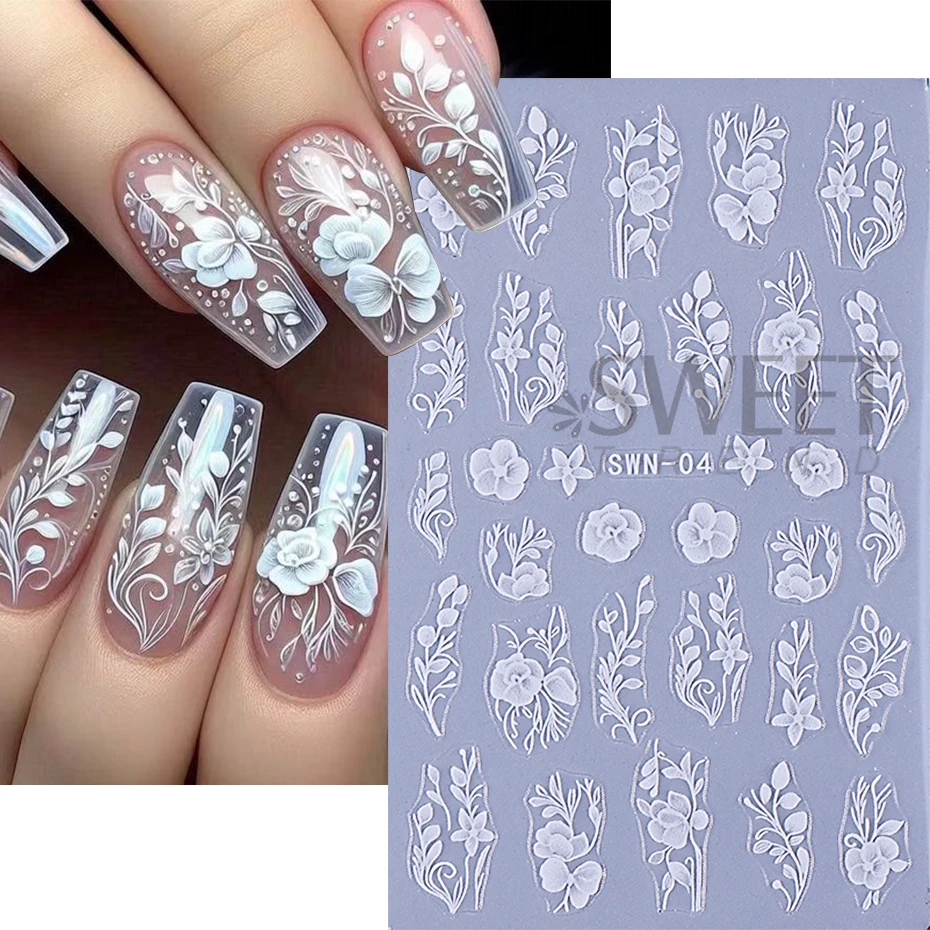 Valentine's Day Floral Nail Stickers 3D White Rose Petal Nail Decoration Acrylic Adhesive Gel Sliders DIY Manicure Accessories