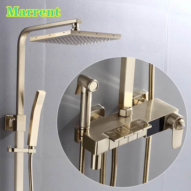 

Brushed Gold Digital Bathroom Shower Set Hot Cold Bathtub Faucet Tap Rainfall Shower Head Thermostatic Shower System Suit