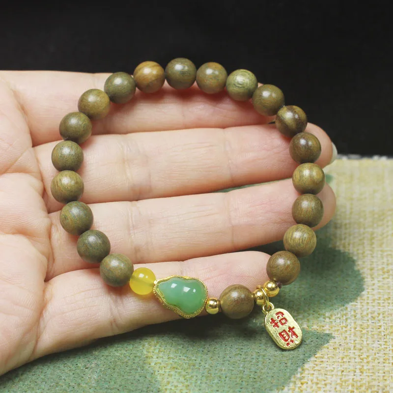 Guajacwood 8mm Bracelet with Fragrance Green Gourd Fu Lu Blessing Card Buddha Beads Collectables-Autograph Rosary Ornament Gift