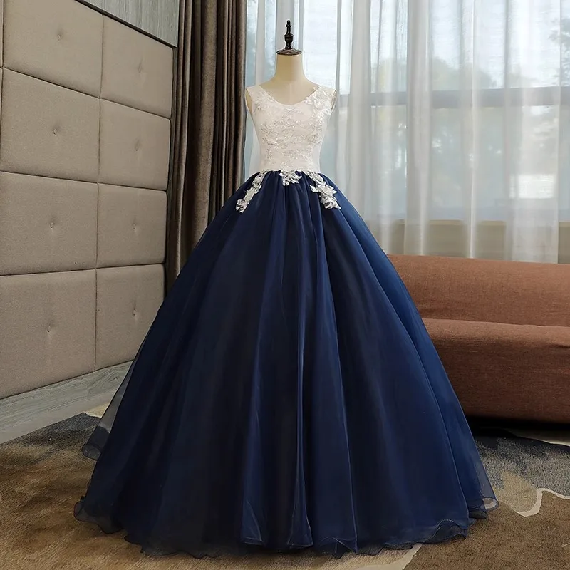 

White Navy Blue Satin Lace Appliques Prom Dresses Scoop Neck Formal Evening Party Gown For Women vestidos de gala mujer