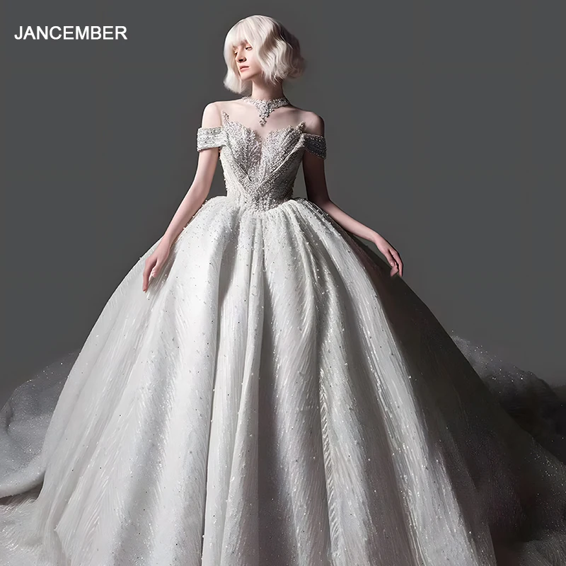 

Jancember Exquisite Novelty Wedding Dresses For Women Ball Gown Short Sleeves O-Neck Beading Chapel Train Vestido Noiva LSHT021