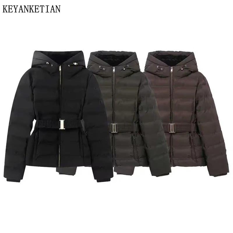 

Новая женская флисовая стеганая куртка KEYANKETIAN 2026 с капюшоном, поясом, облегающая, теплая, ветрозащитная