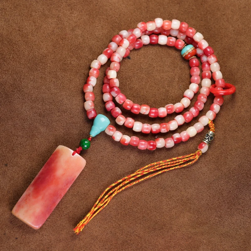 Collier en os avec imitation turquoise et pierre de sang à trois facettes, pour hommes et femmes, modèle Tranquility Peace Plate