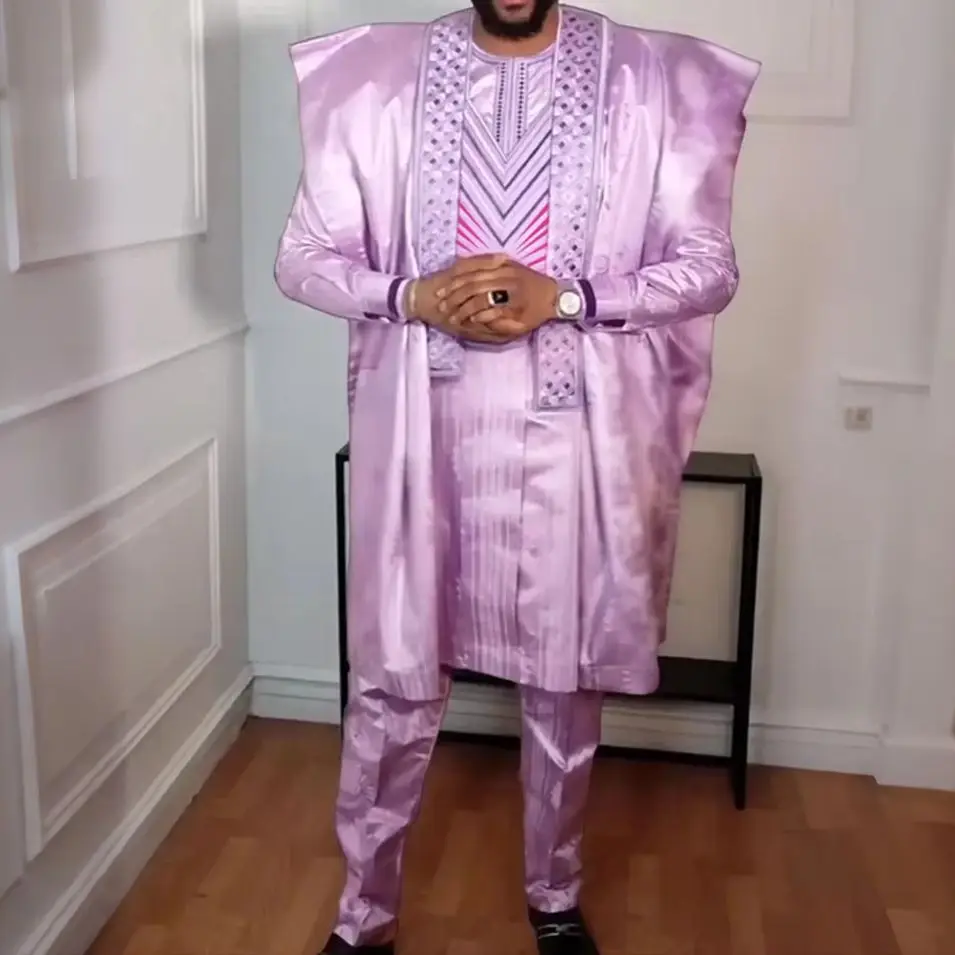 Nueva ropa africana para hombres Dashiki traje tradicional bata bordado rosa Tops pantalones trajes Bazin musulmán ropa de fiesta de boda