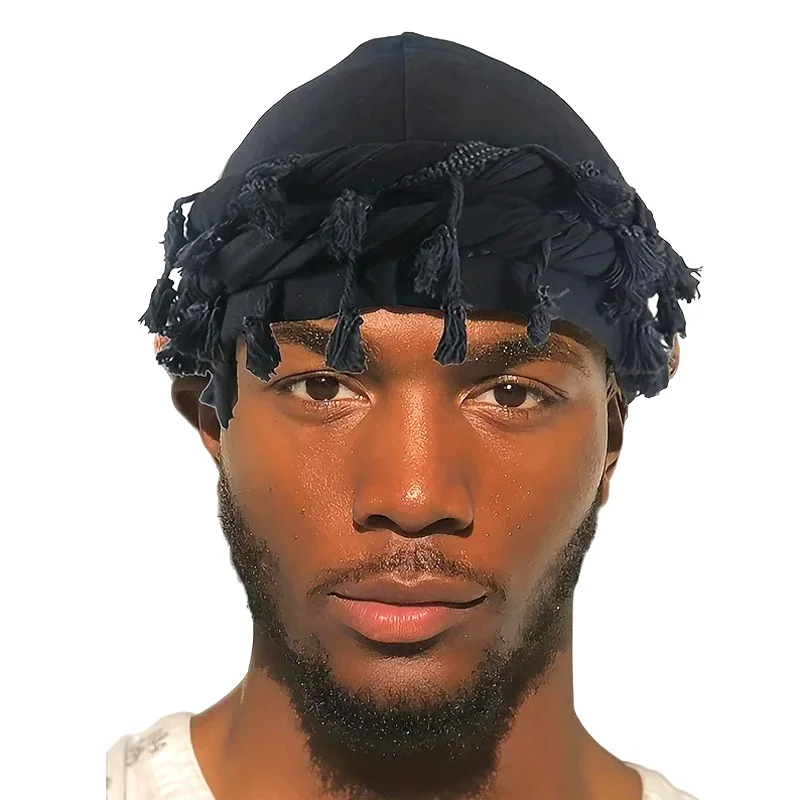 

Men Hat Punk Burr Trim Twisted Tail Fringe Cotton Bandana Hat Hop Turban Hats Head Wrap Beanie Cap Solid Color Docker Hat