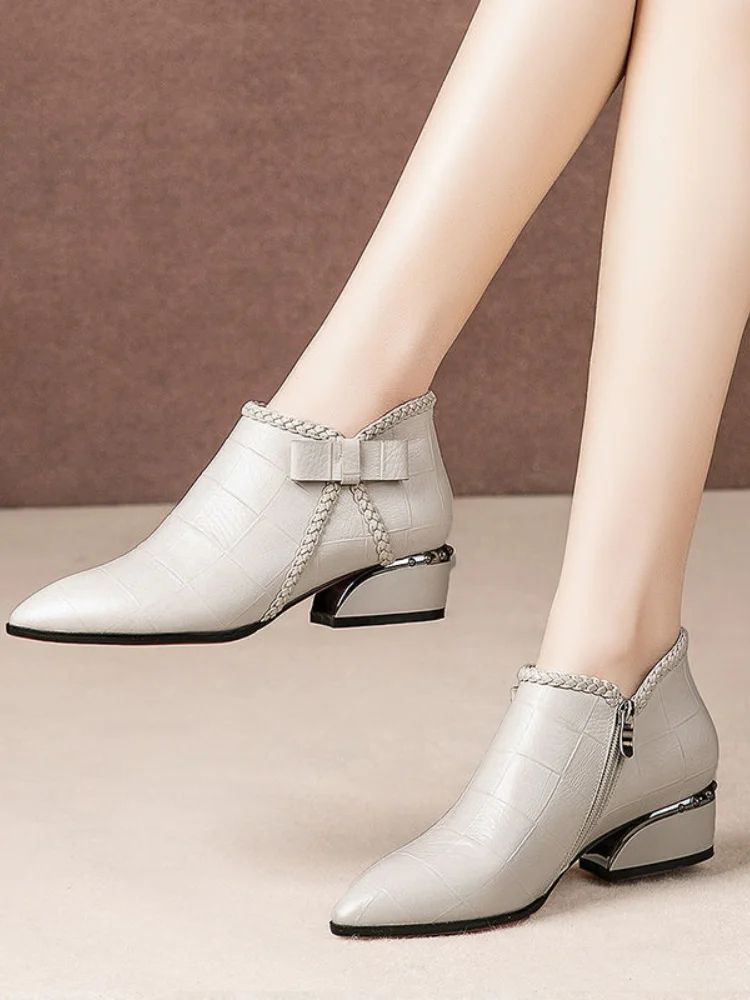 Autumn Bow Short Women\'s Boots 2022 Pointed Thick Heel Side Zipper Chelsea Boots Women Plus Size Fashion Women Shoes High Heels