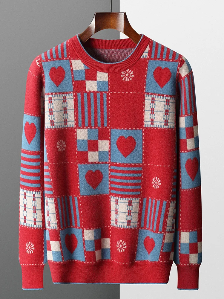 

100% pure wool crew neck thickened color matching sweater loose design love knitted bottoming shirt