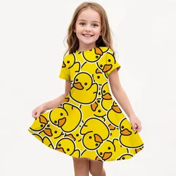 MINISO Summer Girls Cartoon Yellow Duck Dress Fashion Dress Kids Daily Casual Stylish Short Sleeve Clothing Cute Streetwear