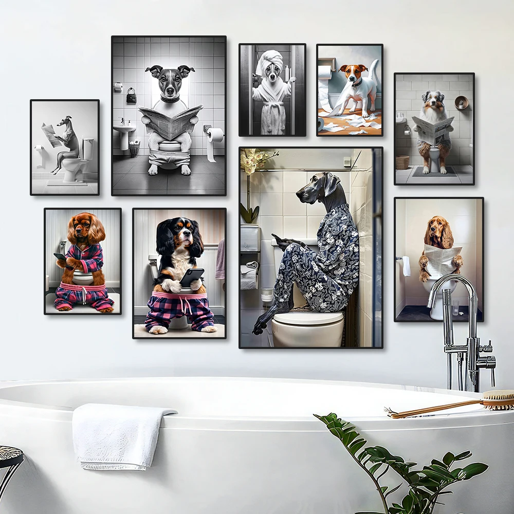 Home Bathroom Toilet - 1PC フレームなし面白いペット犬トイレで新聞を読んでいるプレイキャンバス絵画動物写真壁アート家庭用バスルーム装飾用