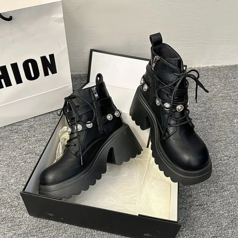 

New Design Women Punk Gothic Motorcycle Boots Platform Chunky High Heel Ankle Boot Ladies Cool Wedge Black Female Shoes Plus Siz
