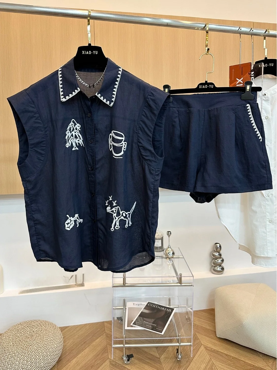 

New Summer 2025 Linen Embroidered Svel irt And orts Set Turn-down Collar Top Bot Faionable Women's Outfit